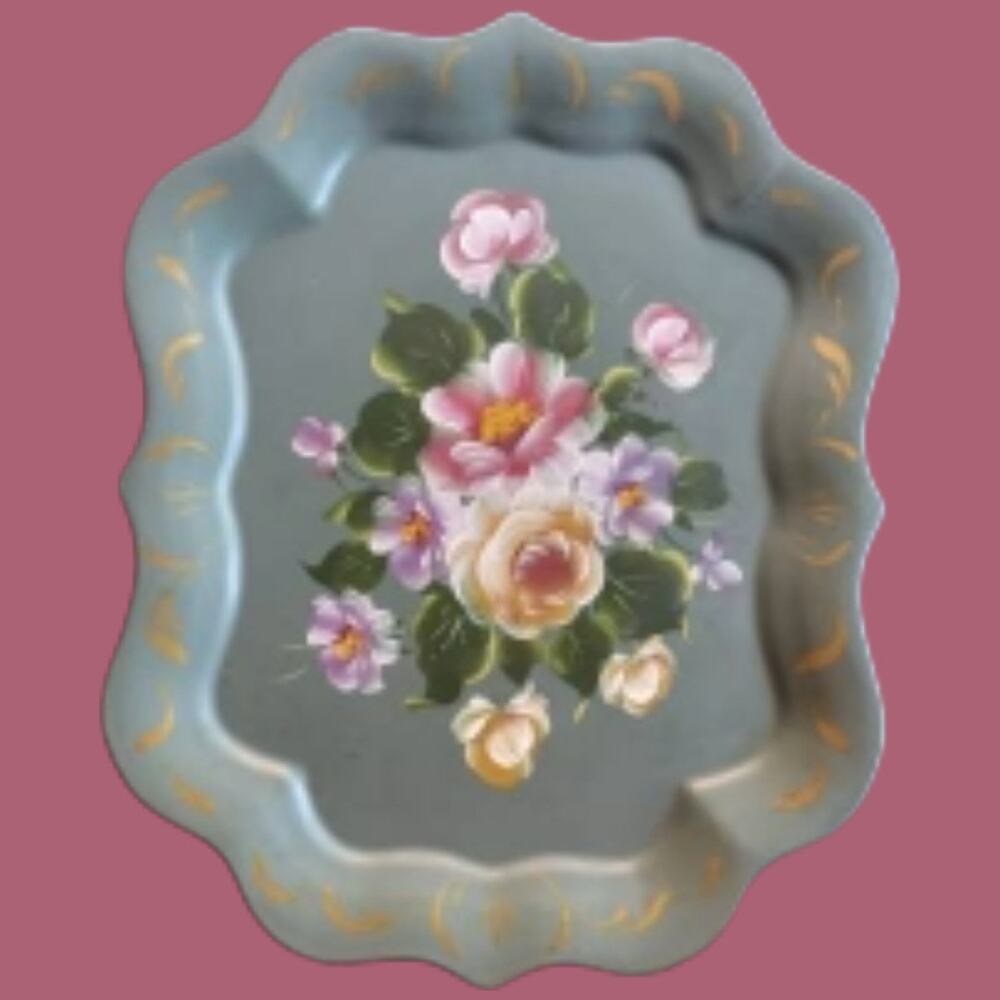 Vintage 1940s Nashco Hand Painted Dark Sage Toile Metal Tray